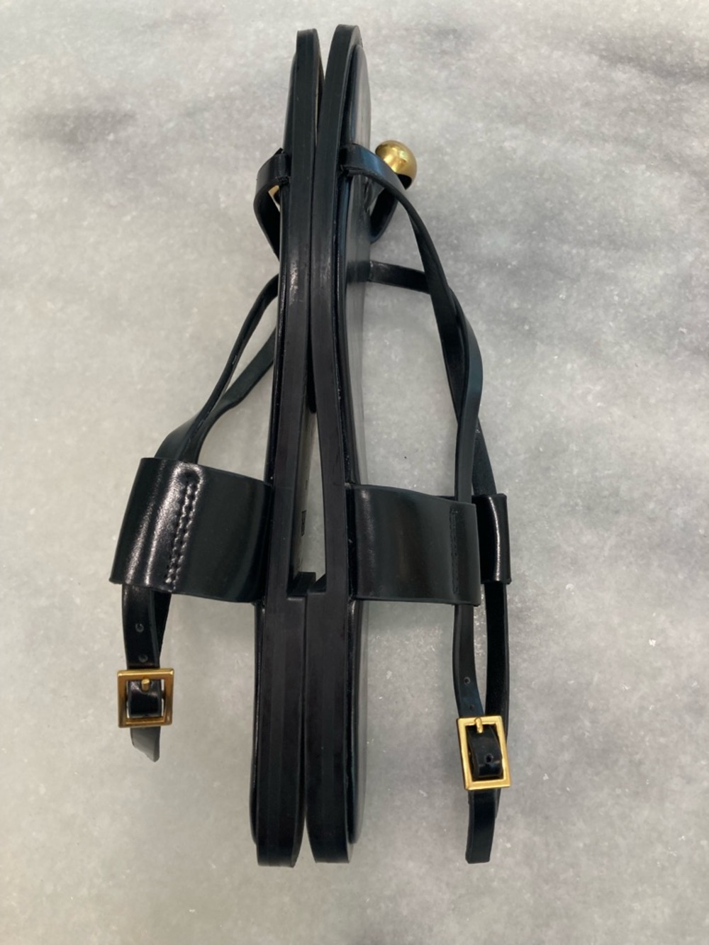 ZARA Black Leather Flat Strappy Gold Metal Toe Sandals - Picture 13 of 15